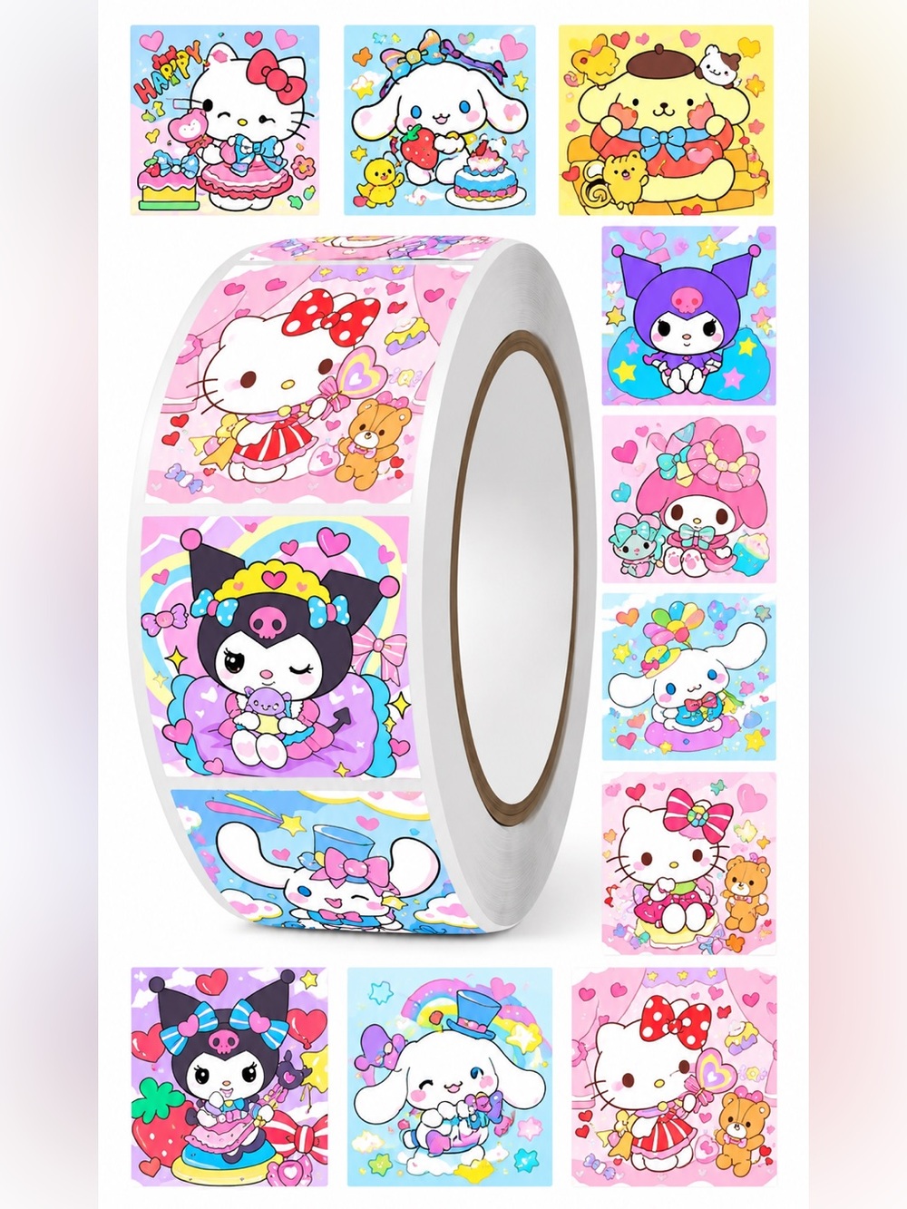 500 Pc Sanrio Character Sticker Roll Hello Kitty Kuromi Cinnamoroll My Melody